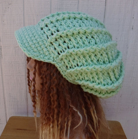 Handmade Thick Newsboy Hat in Mint Green or 30 Custom Colors/Unisex Visor Slouchy Beanie Billed Hat